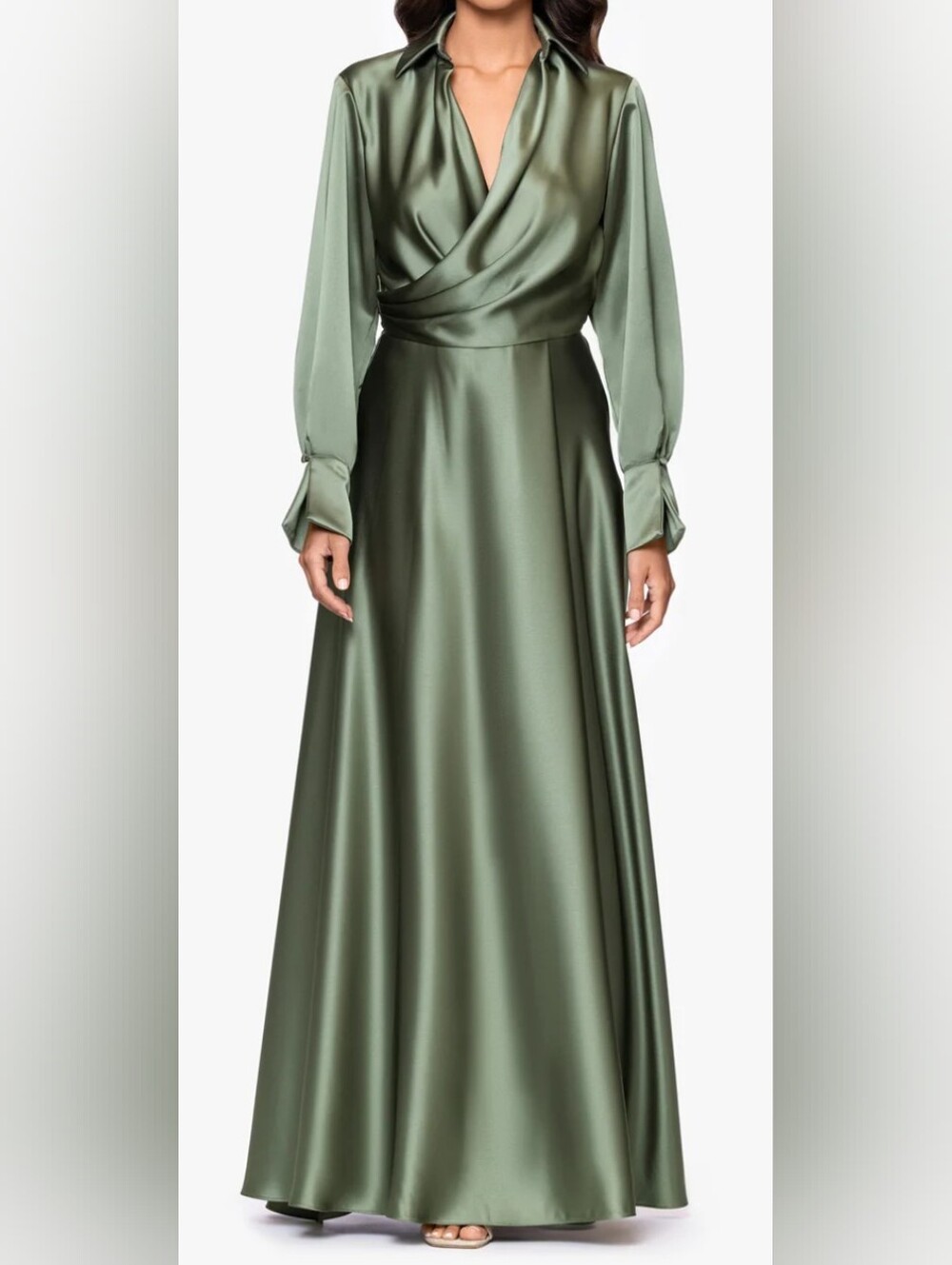 Xscape Evenings Spread Collar Long Sleeve Satin Gown